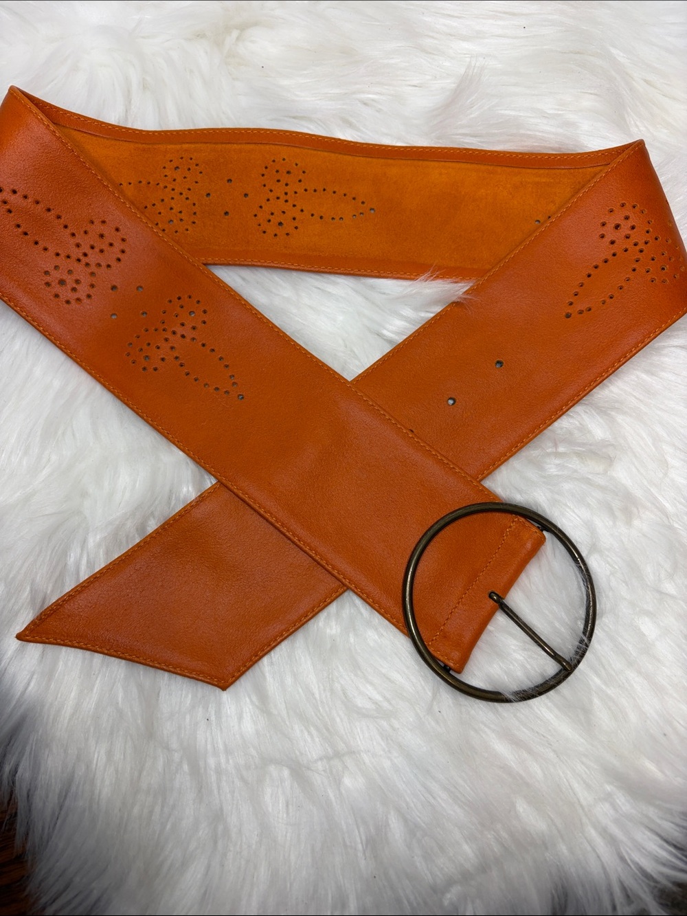 MADE IN ITALY Genuine Leather Orange 3” Wide Cutout Statement Belt
